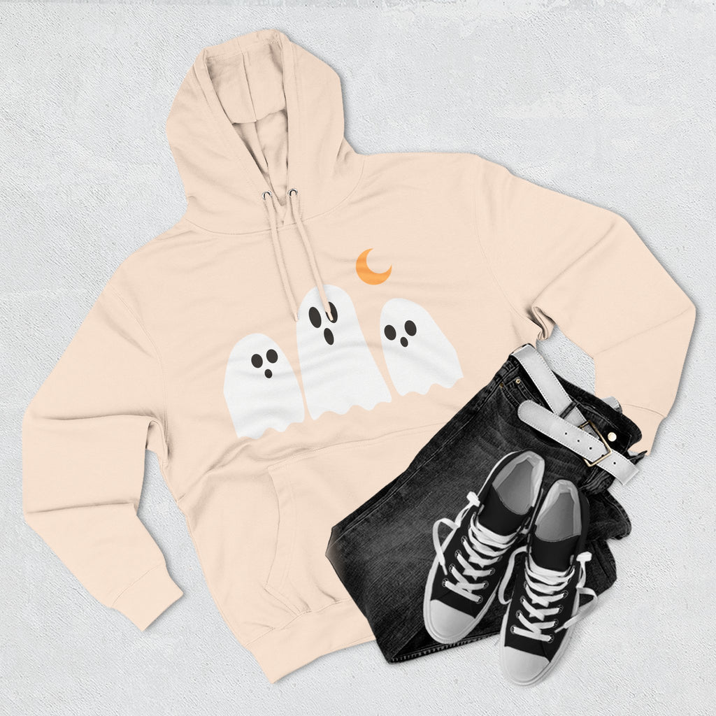 Ghost Trio Hoodie — Cute Halloween Fleece Pullover with Moon
