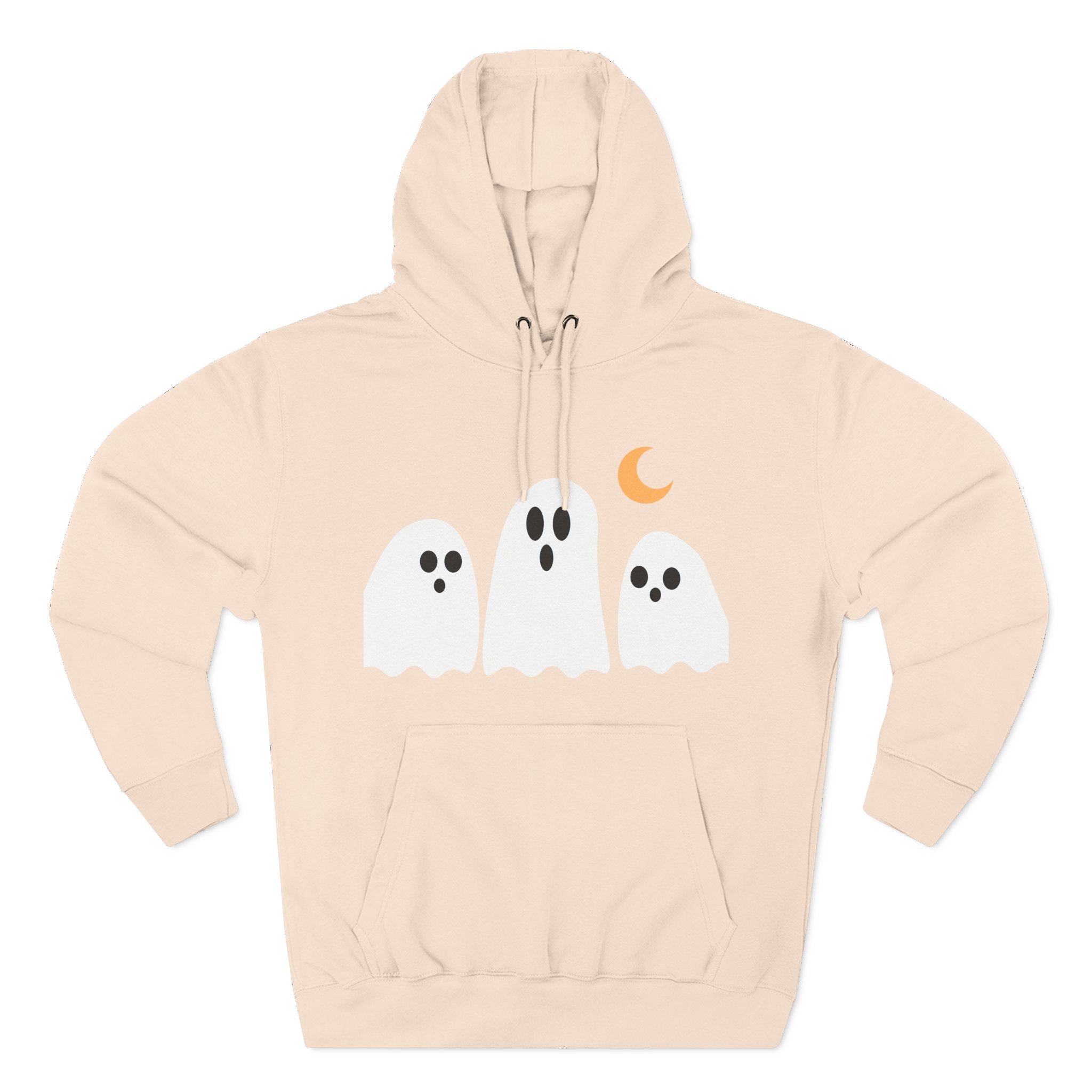 Ghost Trio Hoodie — Cute Halloween Fleece Pullover with Moon