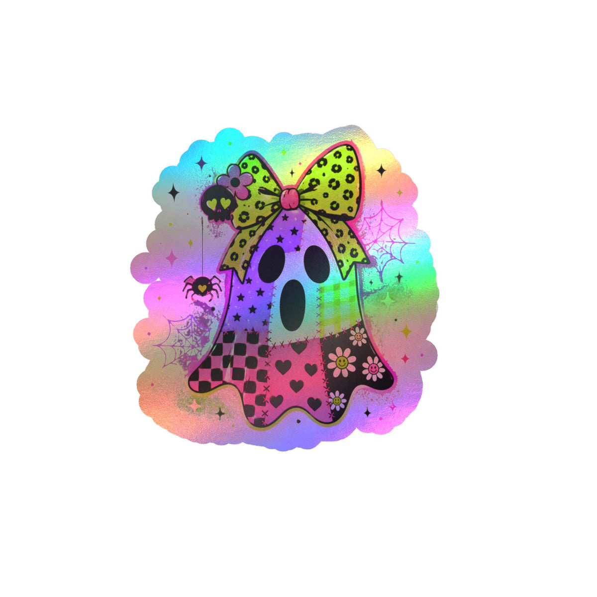Kawaii Patchwork Ghost Kiss-Cut Vinyl Sticker — Cute Halloween Decal