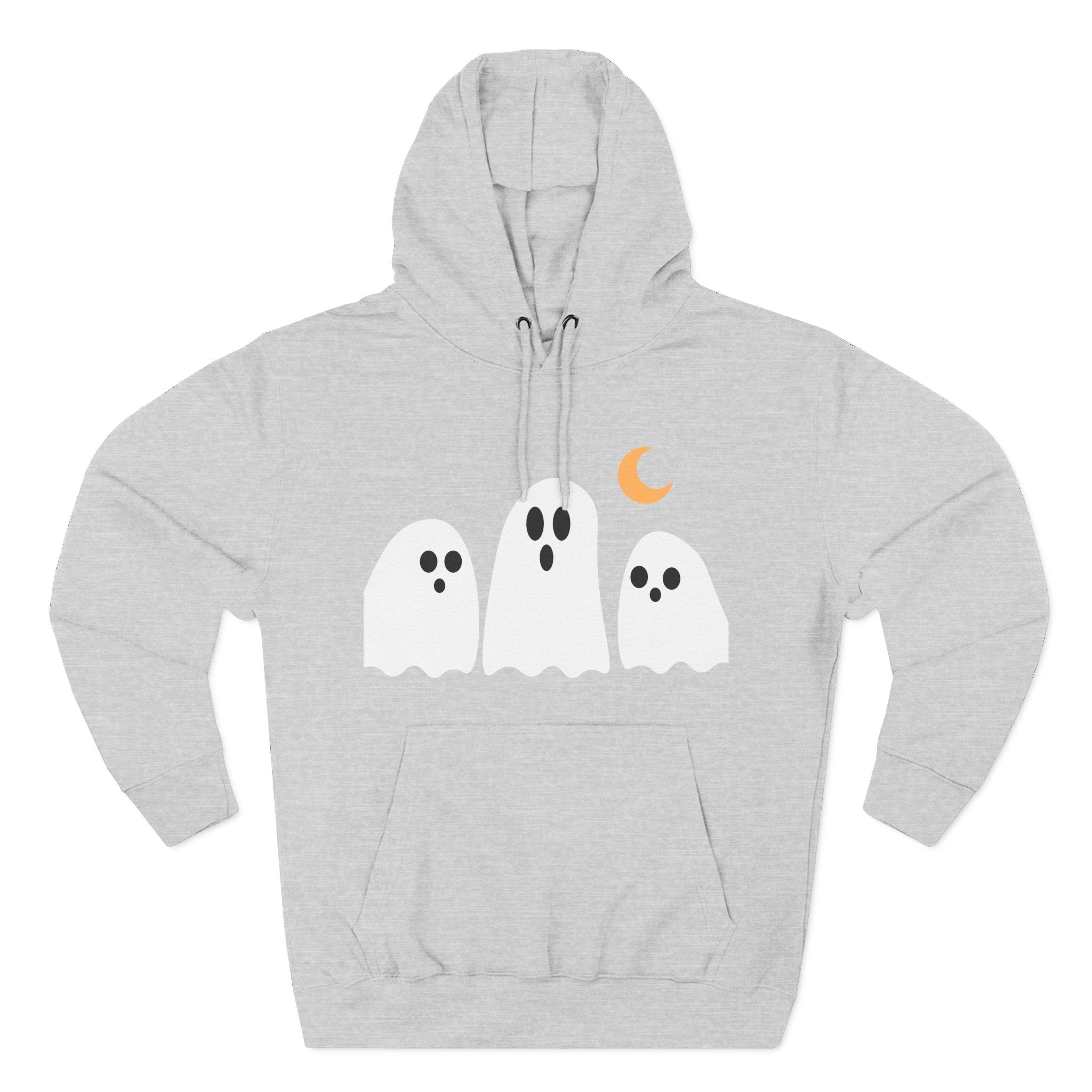 Ghost Trio Hoodie — Cute Halloween Fleece Pullover with Moon