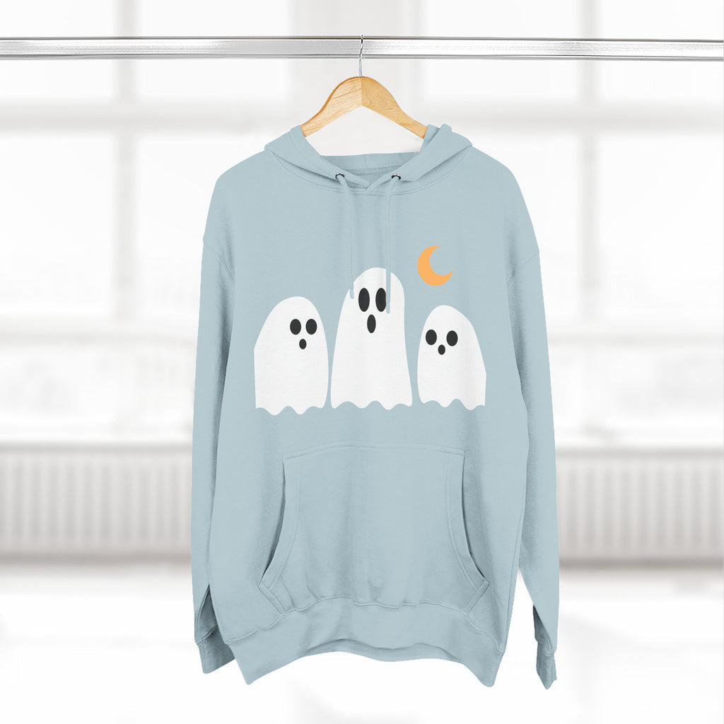 Ghost Trio Hoodie — Cute Halloween Fleece Pullover with Moon