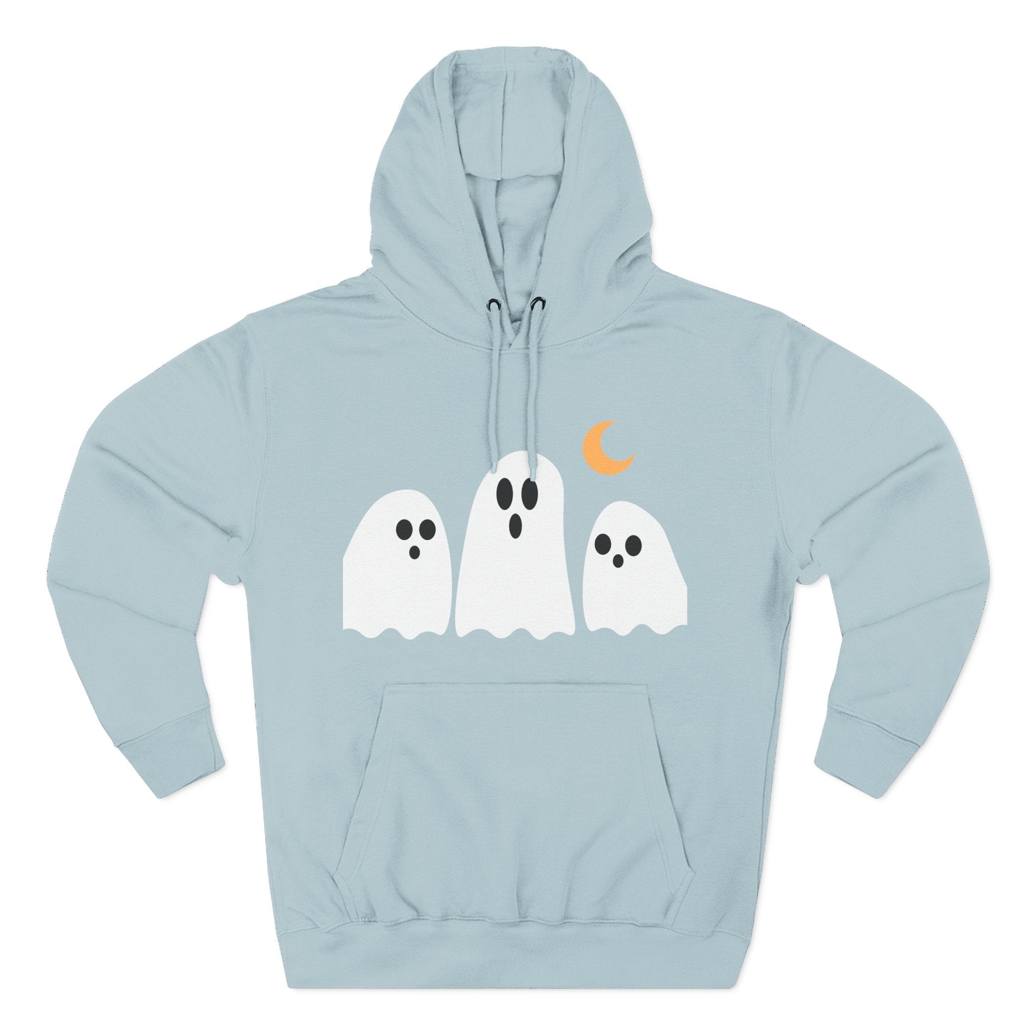 Ghost Trio Hoodie — Cute Halloween Fleece Pullover with Moon