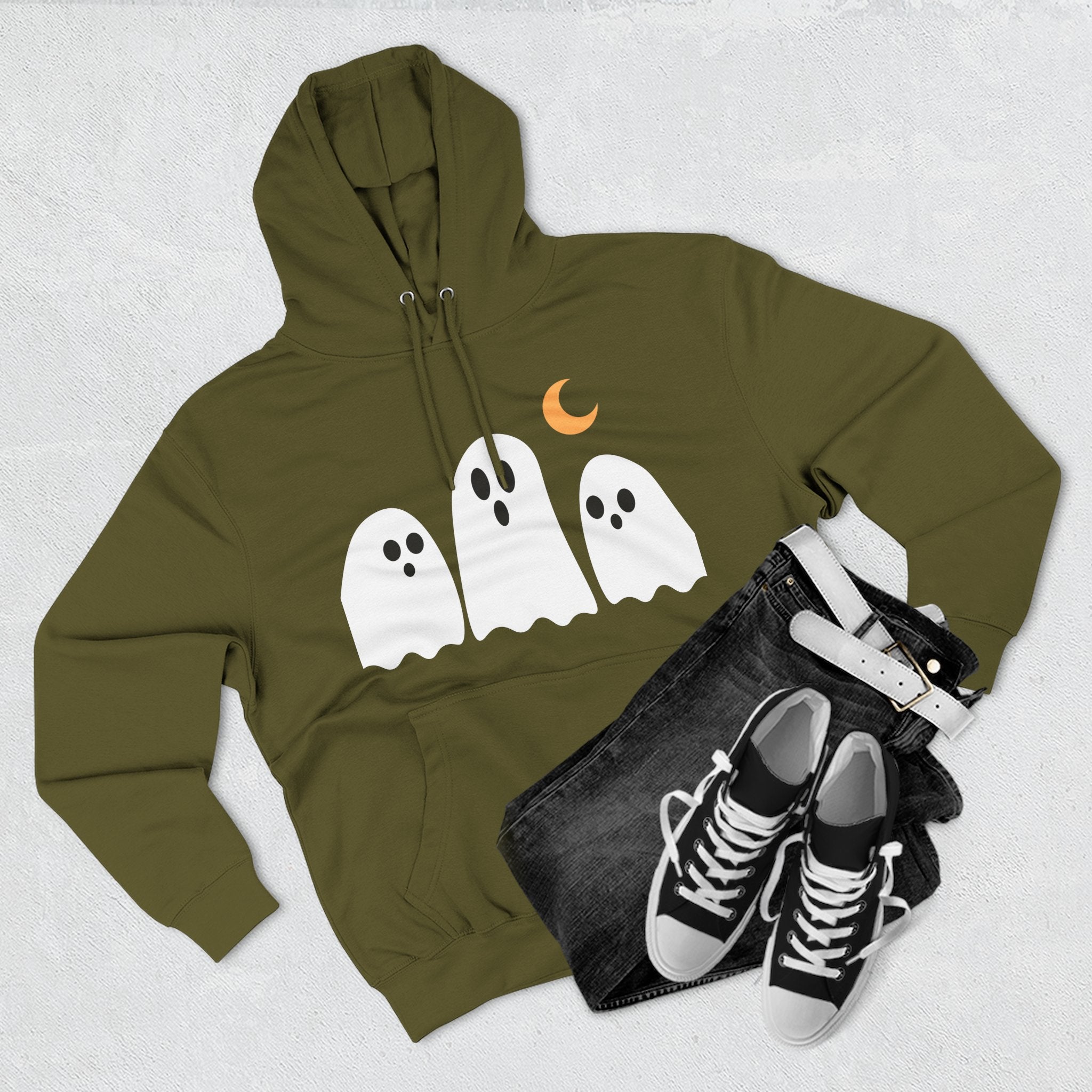 Ghost Trio Hoodie — Cute Halloween Fleece Pullover with Moon