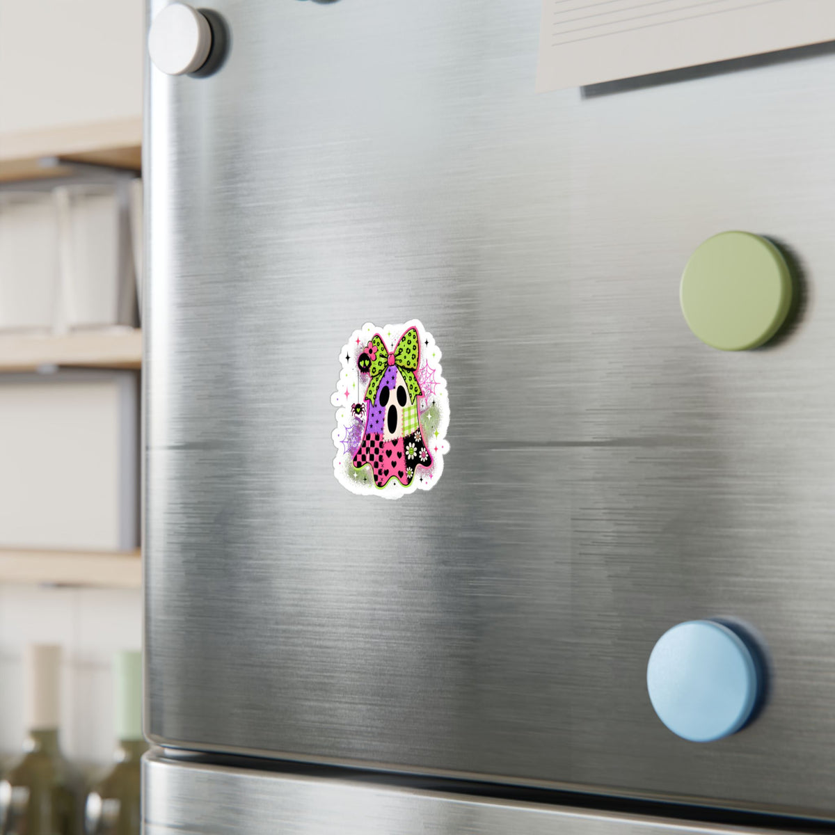 Kawaii Patchwork Ghost Kiss-Cut Vinyl Sticker — Cute Halloween Decal