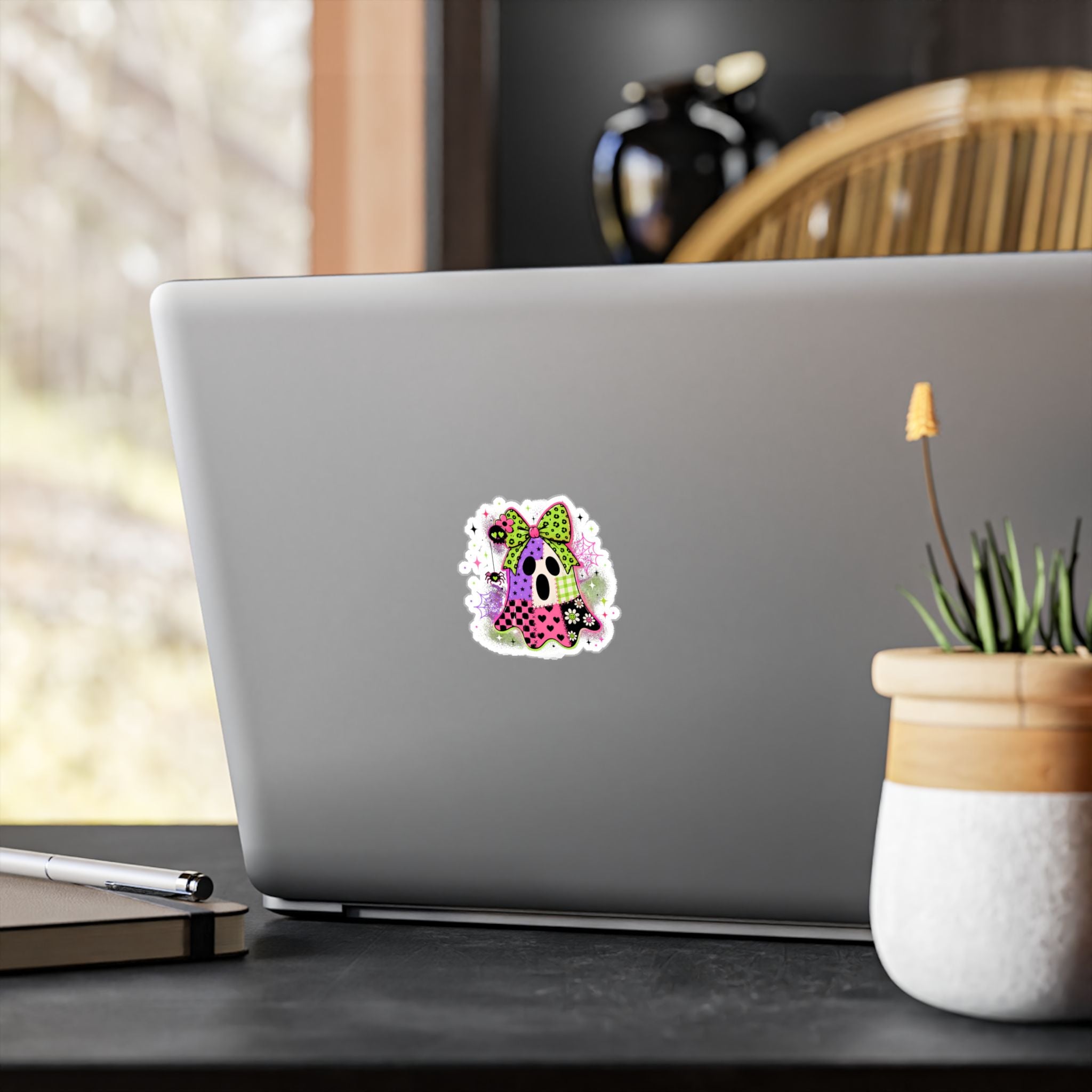 Kawaii Patchwork Ghost Kiss-Cut Vinyl Sticker — Cute Halloween Decal
