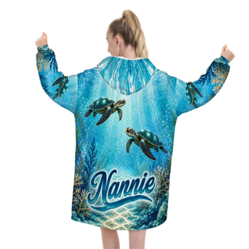 Sea Turtle Nannie Adult Blanket Hoodie | Personalized Ocean Lover Gift