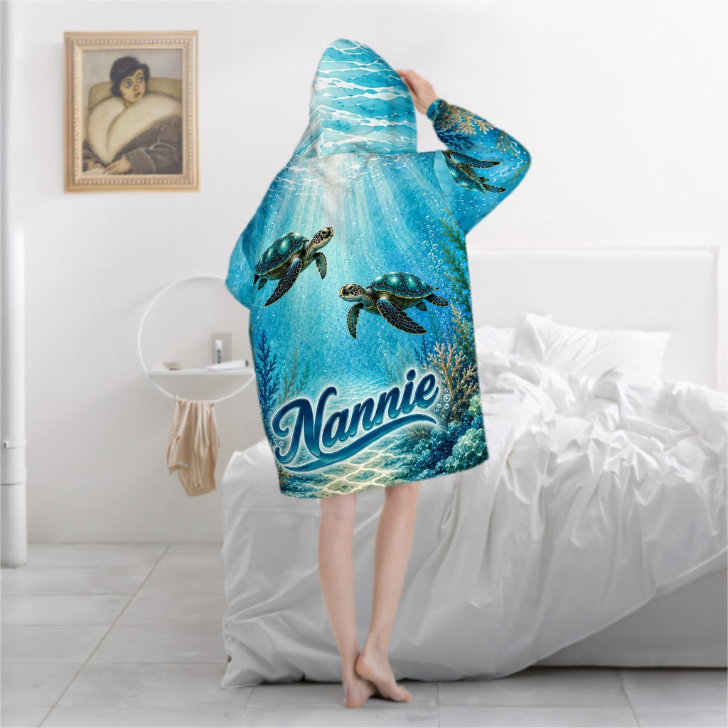 Sea Turtle Nannie Adult Blanket Hoodie | Personalized Ocean Lover Gift